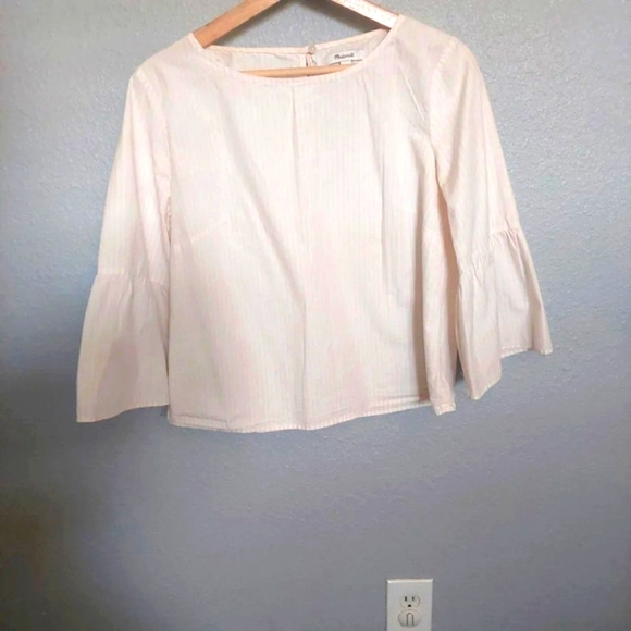 Madewell Striped Blouse top bell Sleeves pink & Cream M Classic Preppy Office - Picture 2 of 6